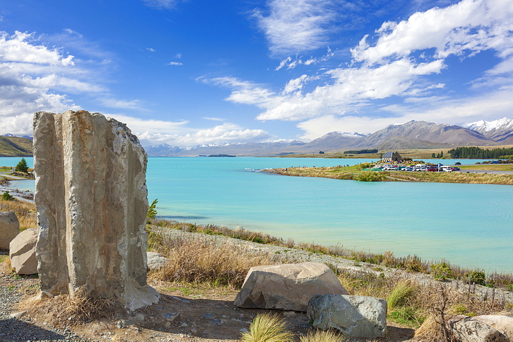 Ruined column by the side of glacial Lake Tekapo, Mackenzie district, South Island, New Zealand, Pacific