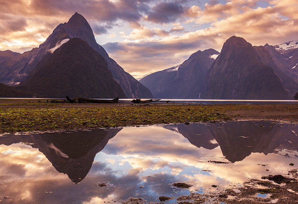 Mitre Peak and Lion Peak sunset reflections, Milford Sound, Fiordland National Park, UNESCO World Heritage Site, Southland, South Island, New Zealand, Pacific