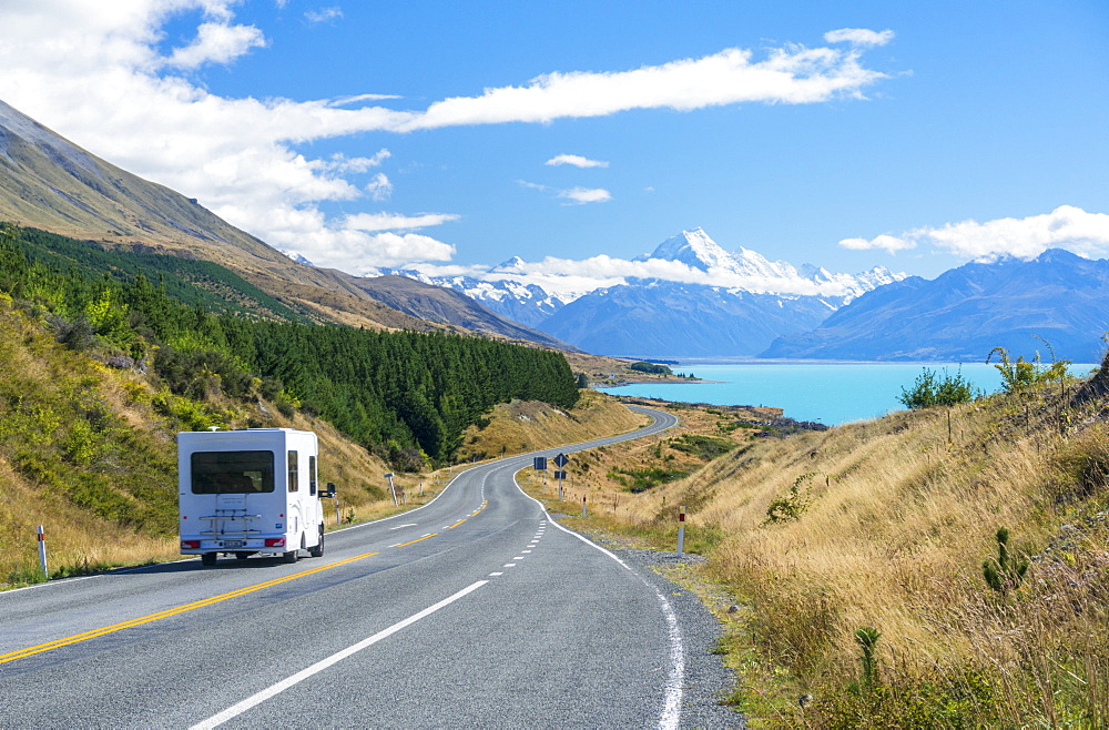 Motorhome (camper van) on a winding road to Mount Cook, Mount Cook National Park, Lake Pukaki, UNESCO World Heritage Site, South Island, New Zealand, Pacific