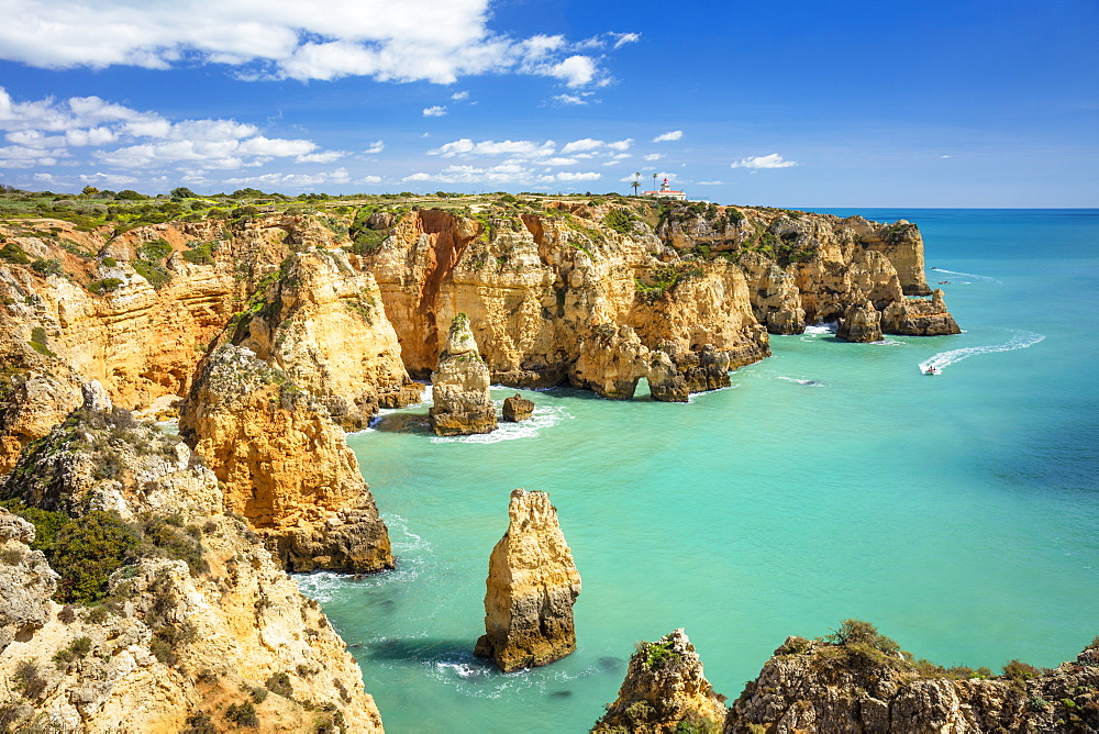 Ponta da Piedade rock formations visited by boat tours, Lagos, Algarve, Portugal, Europe