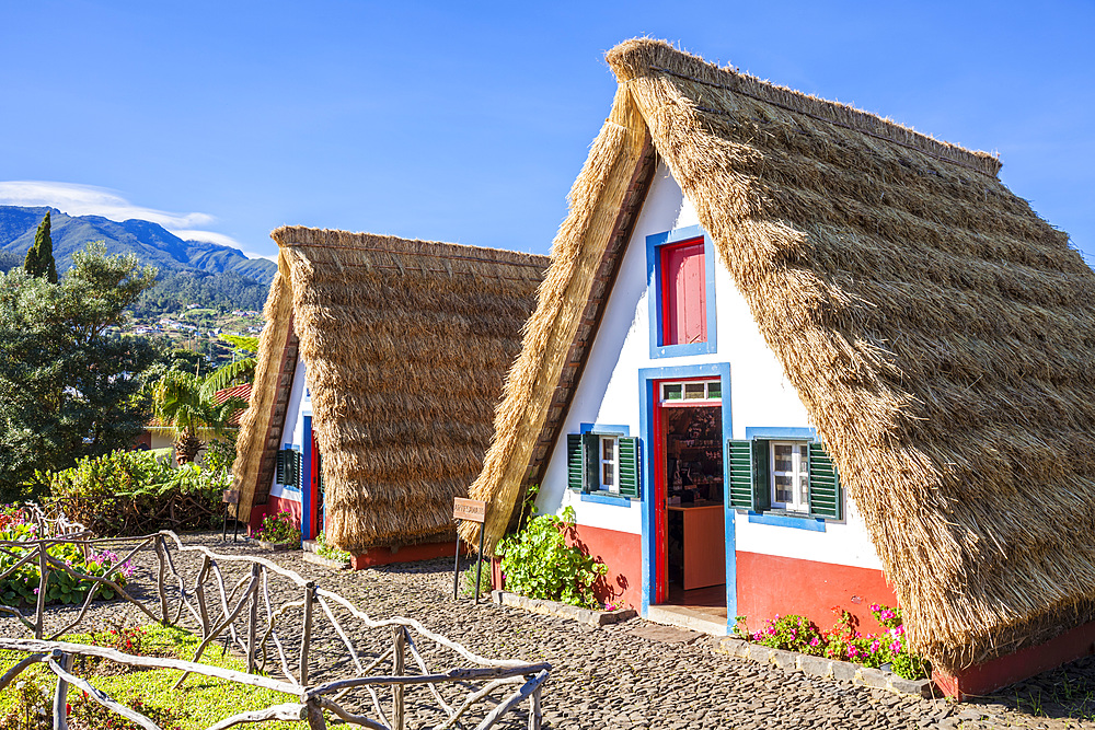 Traditional triangular thatched A-framed Palheiro Houses, Santana, Madeira, Portugal, Atlantic, Europe