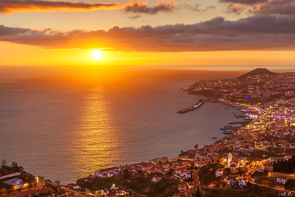 Funchal skyline at sunset with city night lights, Funchal, Madeira, Portugal, Atlantic, Europe