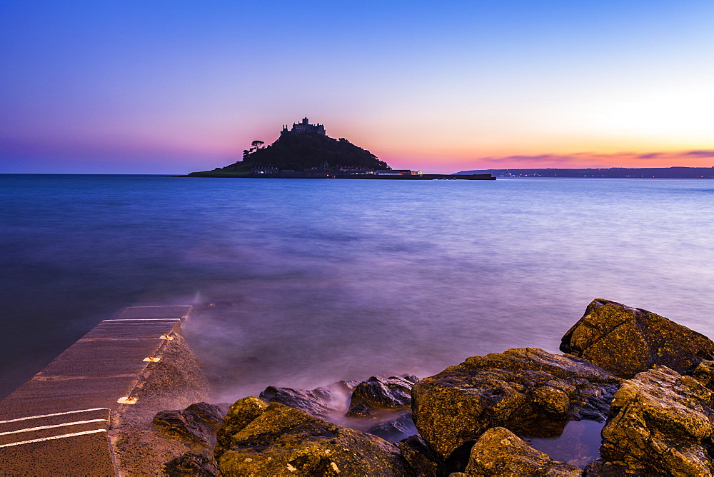 St. Michael's Mount Castle at sunset, Mount's Bay, Marazion, Cornwall, England, United Kingdom, Europe