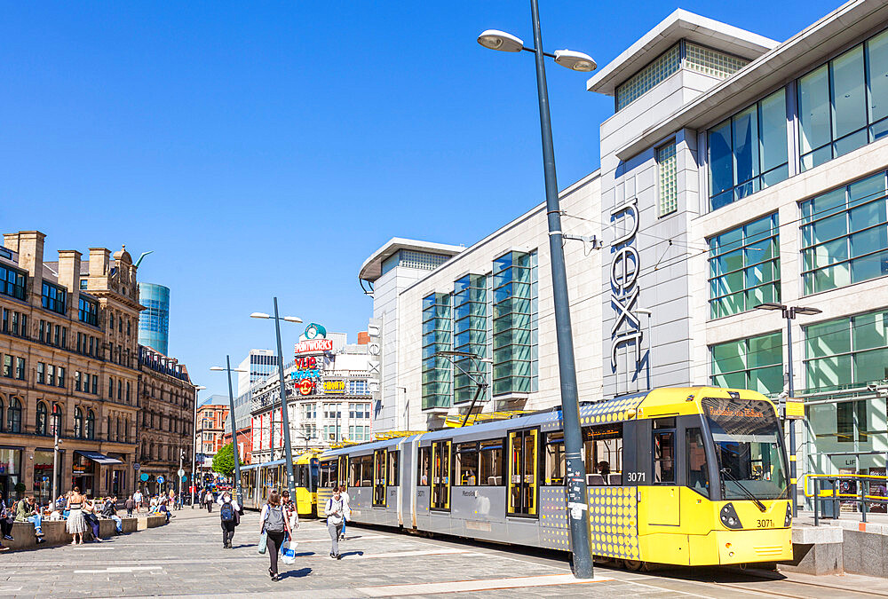 Manchester tram stop by Next store, Exchange Square, Manchester Arndale centre, Manchester City centre, Manchester, England, United Kingdom, Europe