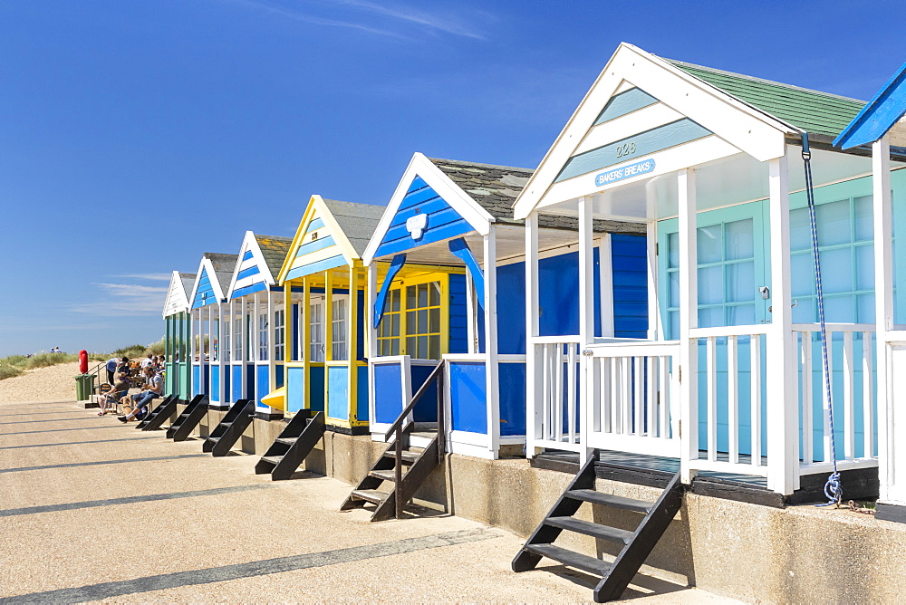 Brightly painted beach huts, Southwold Beach, North Parade, Southwold, Suffolk, East Anglia, England, United Kingdom, Europe