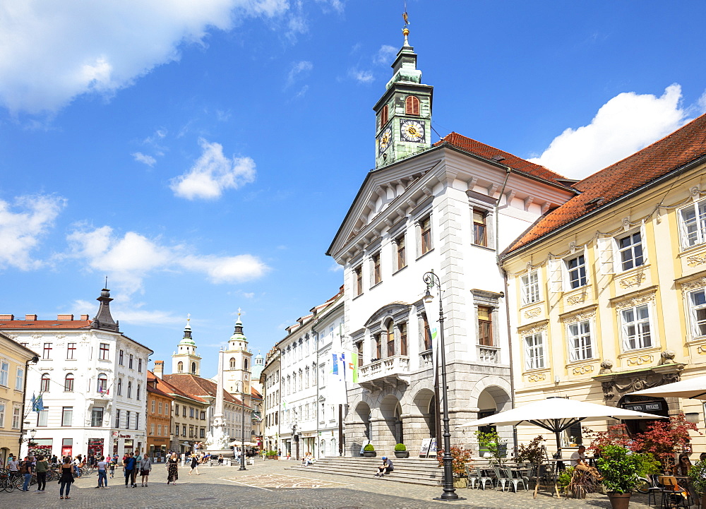 Ljubljana Town Square in front of the Ljubljana Town Hall (Stritarjeva ulica), Old Town, Ljubljana, Slovenia, Europe