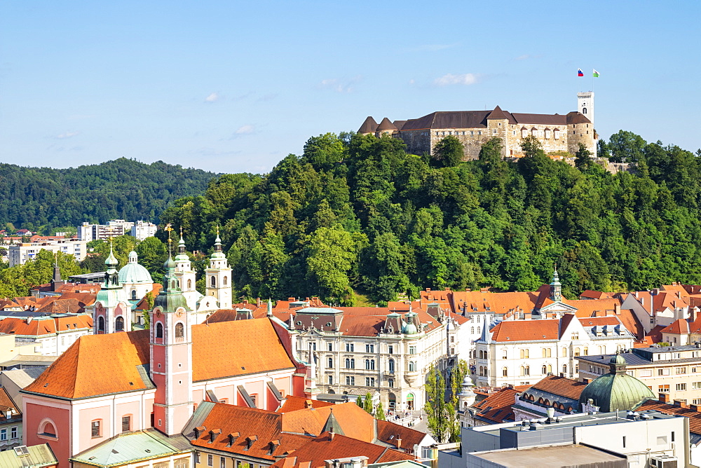 Ljubljana skyline with view of the city and Ljubljana Castle complex on Castle Hill, Ljubljana, Slovenia, Europe