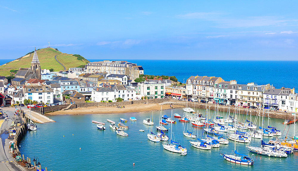 Ilfracombe harbour and beach from the South West Coast Path above the town of Ilfracombe, Devon, England, United Kingdom, Europe