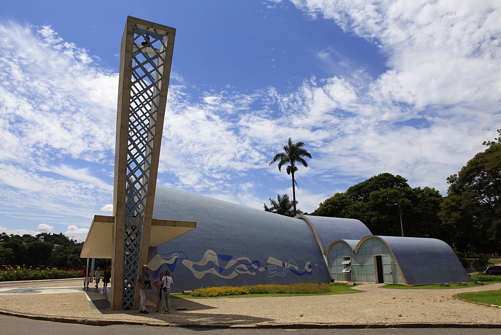 Sao Francisco de Assis church built in 1943 by architect Oscar Niemeyer, with mural by Candido Portinari, beside Pampulha Lake, Belo Horizonte, Minas Gerais, Brazil, South America