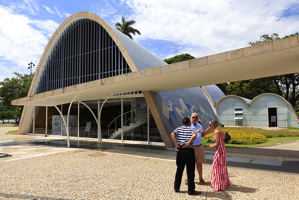 Sao Francisco de Assis church built in 1943 by architect Oscar Niemeyer, with mural by Candido Portinari, beside Pampulha Lake, Belo Horizonte, Minas Gerais, Brazil, South America