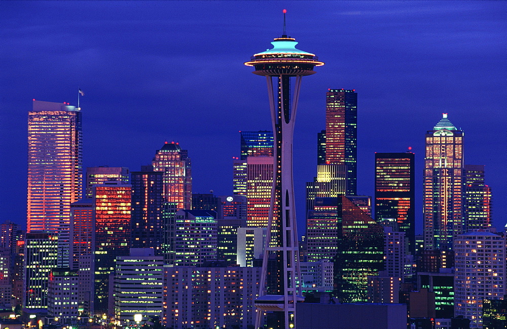 The Space Needle and Seattle skyline at night, Washington State, USA