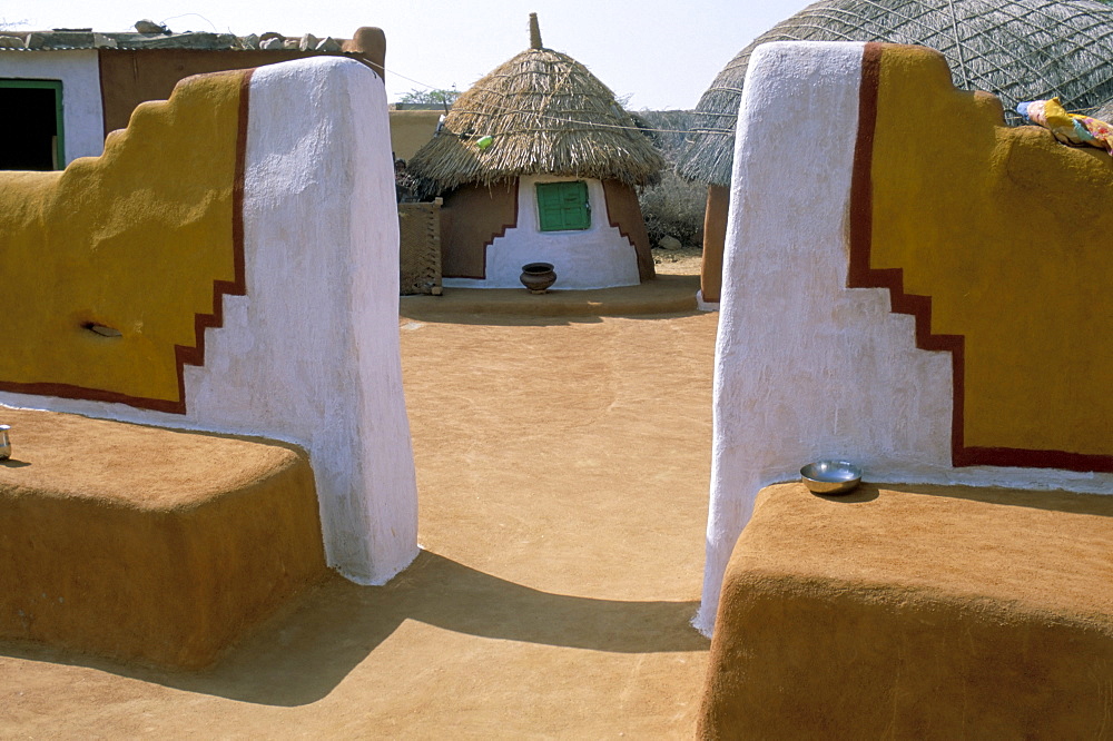 Decorated walls and house in a village near Barmer, Rajasthan state, India, Asia