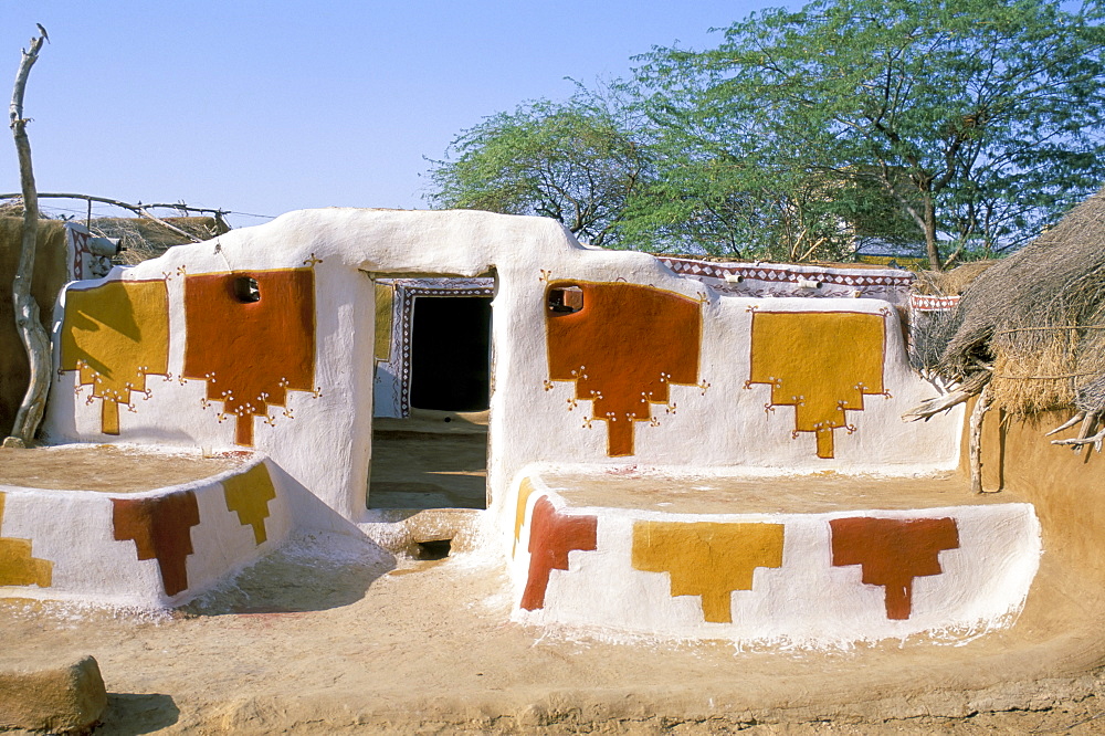 Geometric designs on walls of a village house, near Jaisalmer, Rajasthan state, India, Asia