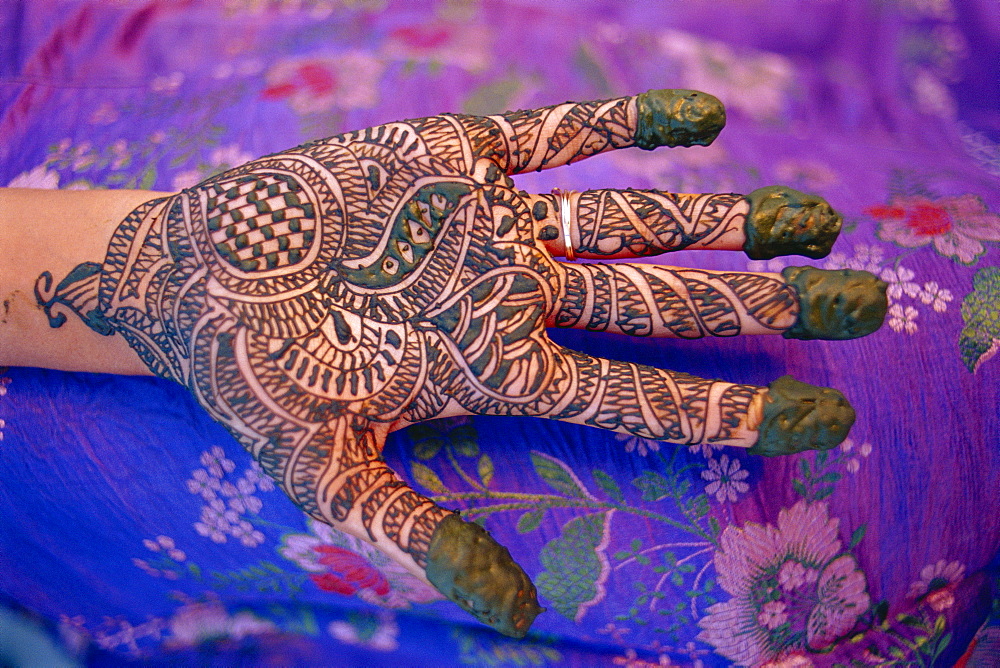 Hand decorated with design in henna, Rajasthan, India 