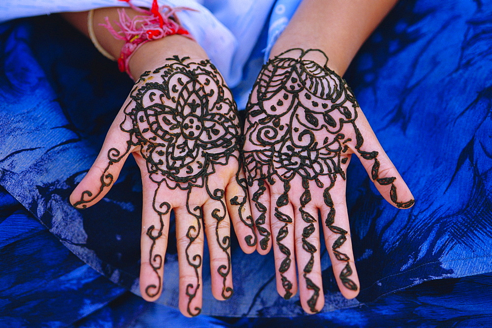 Woman's hands decorated with henna, Rajasthan, India