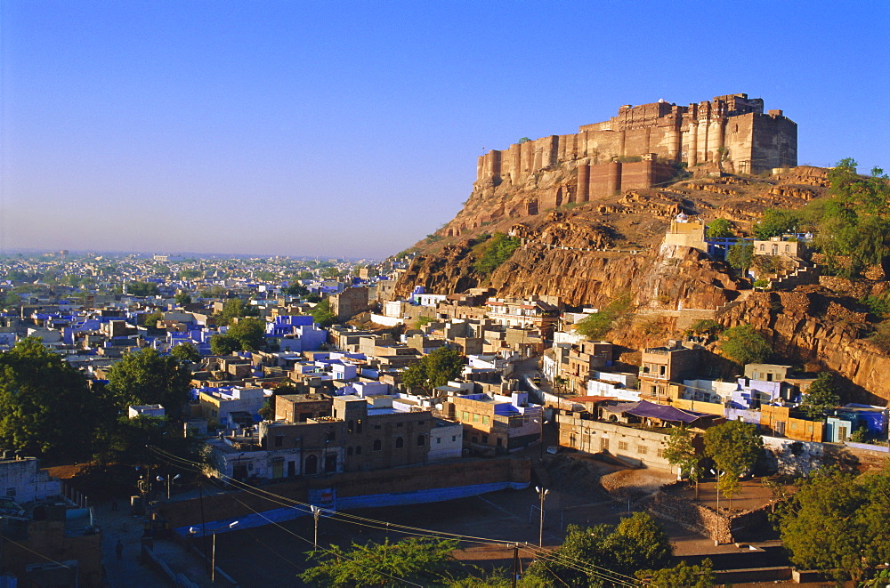 Meherangarh Fort on hill above Jodhpur, Rajasthan, India