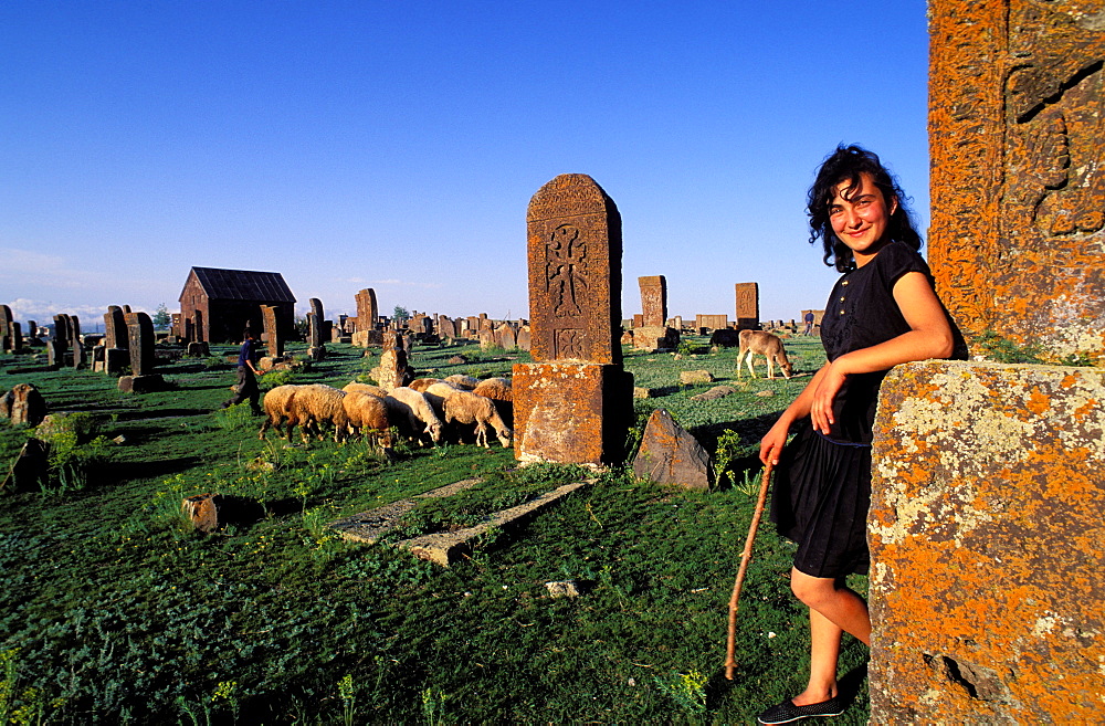 Shepherdess, Noraduz cemetery, Lake Sevan, Armenia, Asia