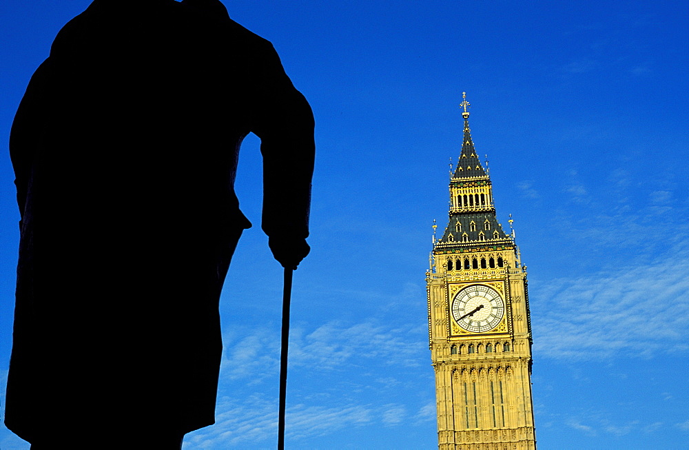 Churchill and Big Ben, London, England, UK, Europe