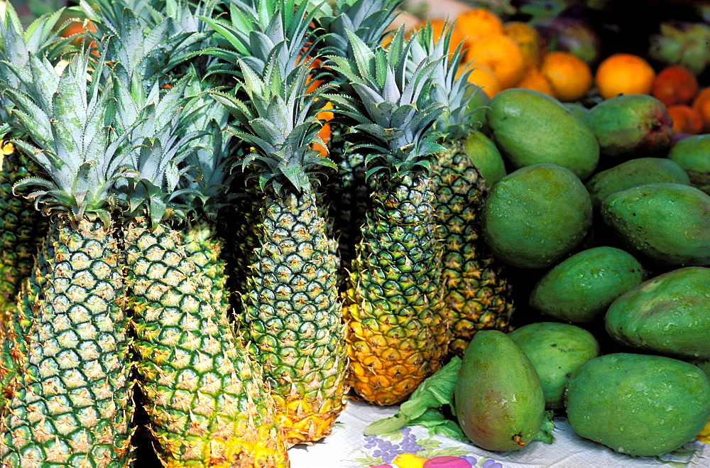 Pineapple and mango, La Darse market, Pointe a Pitre, Guadeloupe, Caribbean, Central America