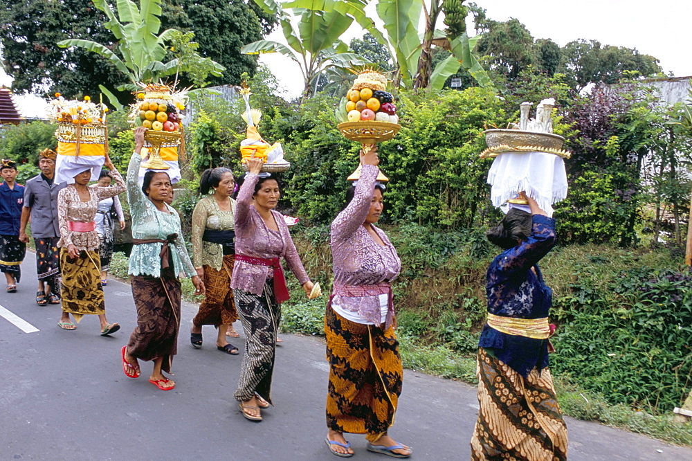 Women in procession for funeral ceremony, island of Bali, Indonesia, Southeast Asia, Asia