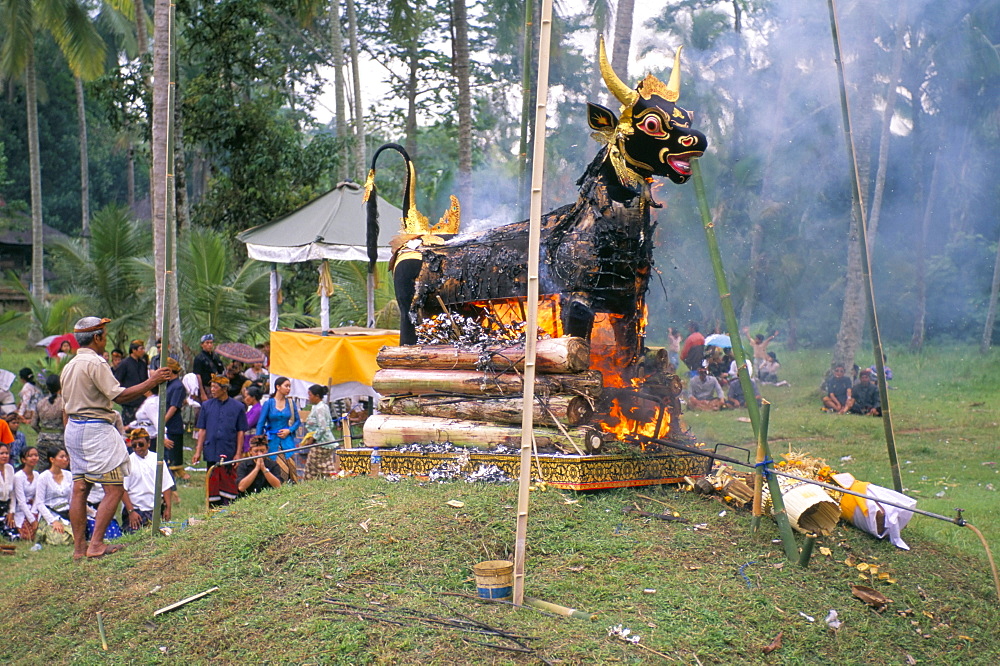 Cremation at funeral ceremony, island of Bali, Indonesia, Southeast Asia, Asia