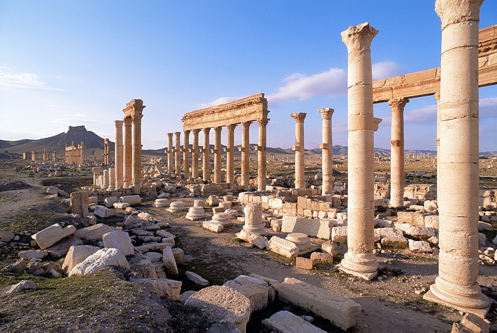 Great colonnade and the Arab castle beyond, Palmyra, UNESCO World Heritage Site, Syria, Middle East