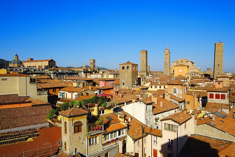 Cityscape with the towers of the town, Bologna, Emilia-Romagna, Italy, Europe 