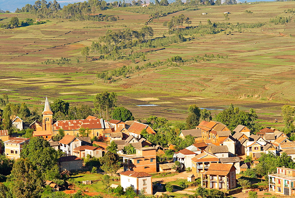 Traditional village on hill around Antsirabe, Madagascar, Africa