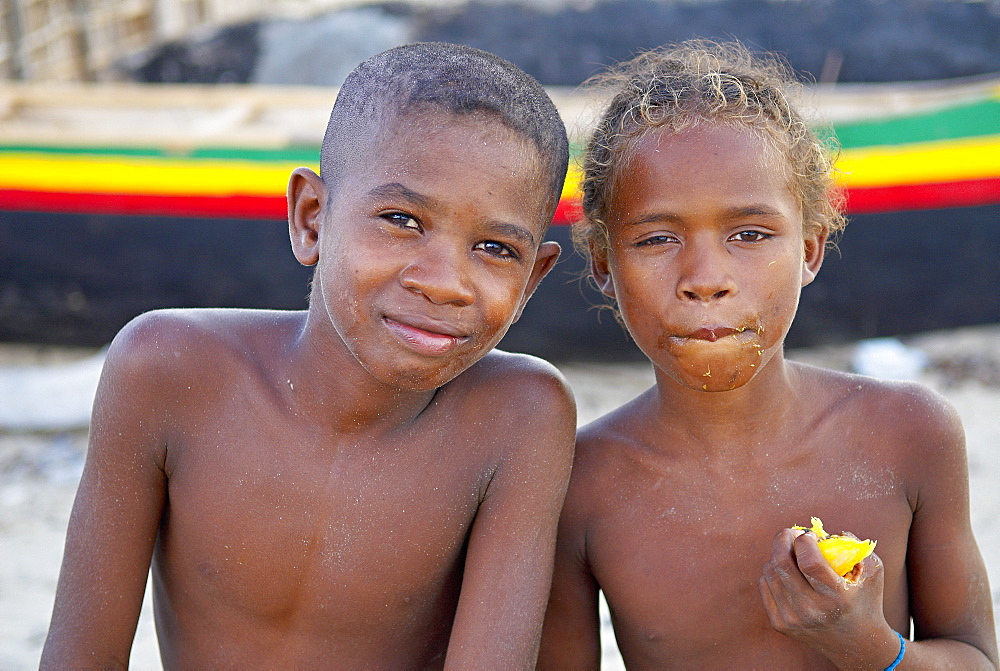 Two children in fishing village of Vezo ethnic group, around Tulear, Ifaty, Madagascar, Africa