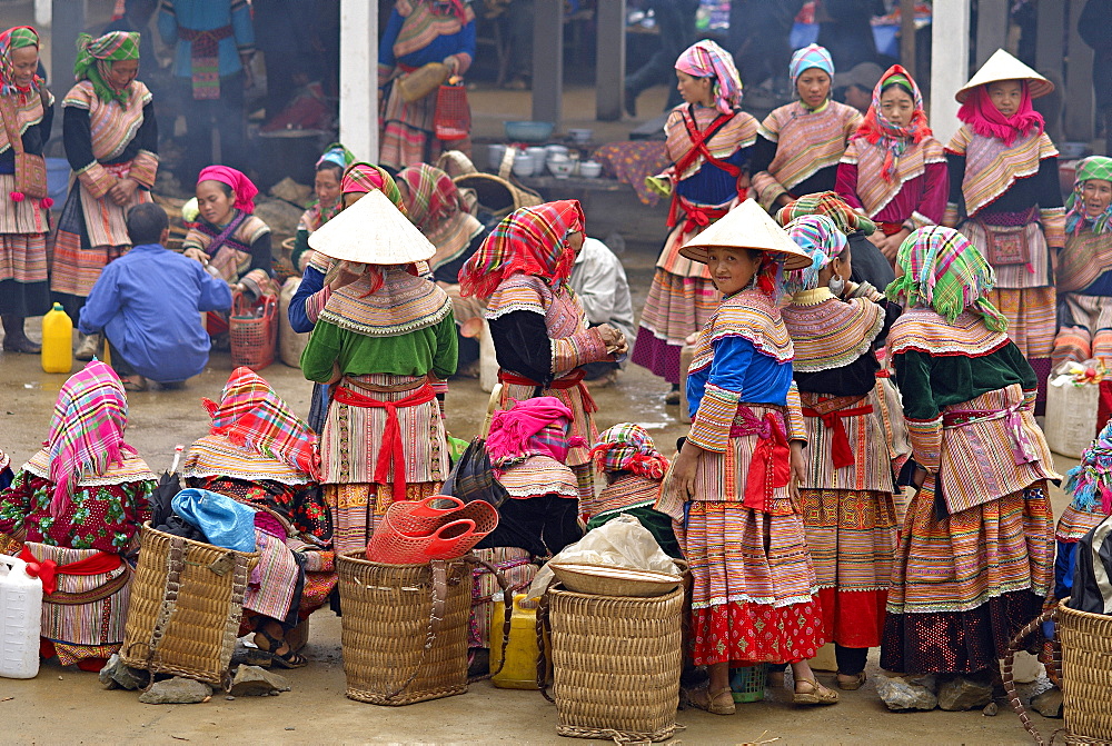 Flower Hmong woman, Sunday market at Lung Phin, Bac Ha area, Vietnam, Indochina, Southeast Asia, Asia