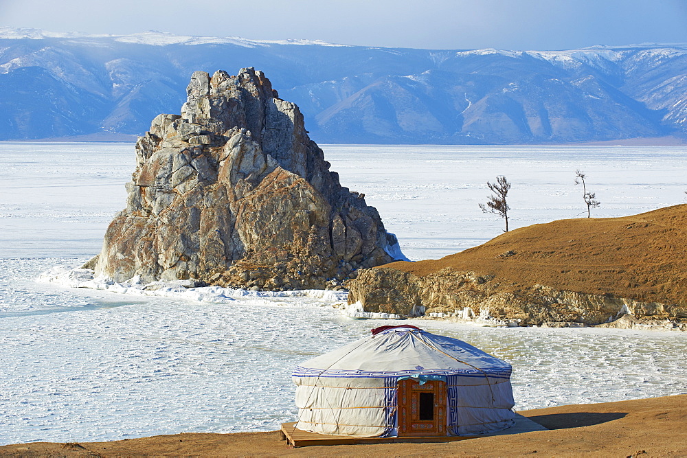 Shaman rock, Maloe More (Little Sea), frozen lake during winter, Olkhon island, Lake Baikal, UNESCO World Heritage Site, Irkutsk Oblast, Siberia, Russia, Eurasia 