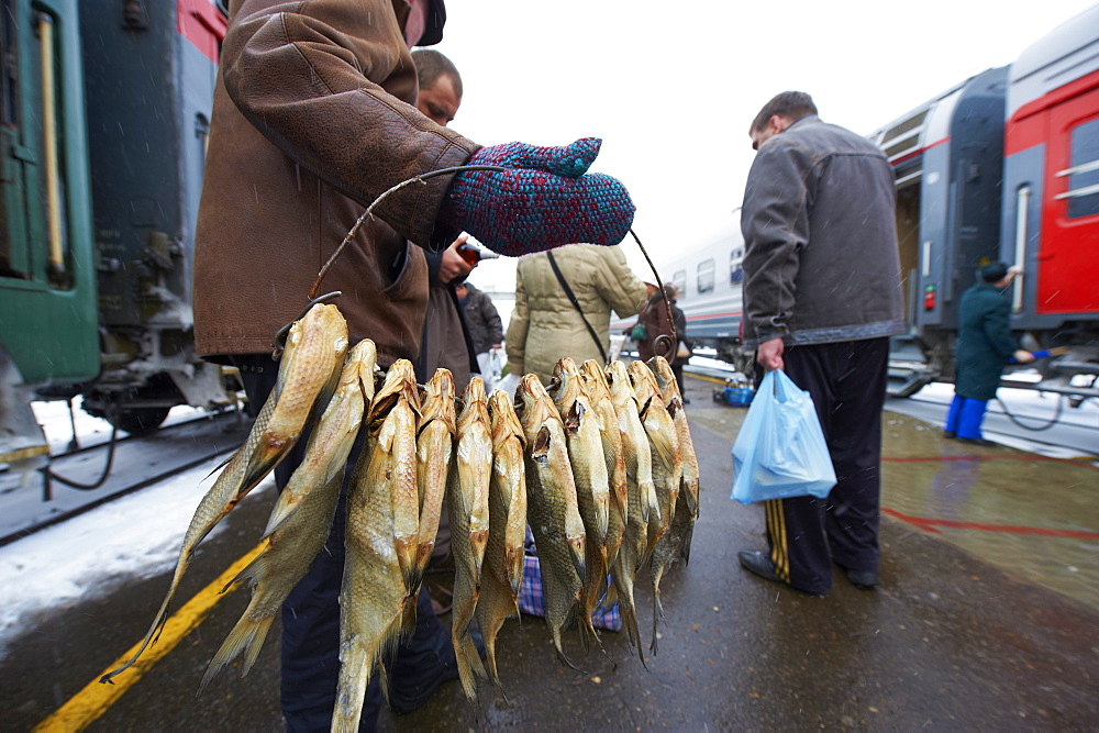 Fish seller at Balezino, 23 minutes stop at the railway station on the Trans-Siberian line, Udmurtia, Russia, Europe 