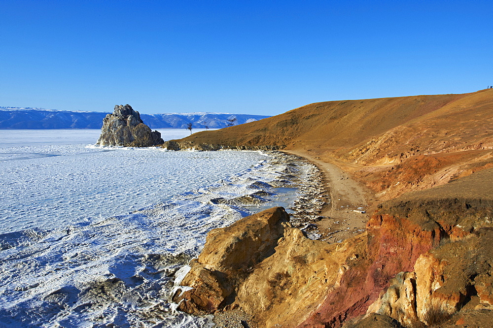 Shaman rock, Maloe More (Little Sea), frozen lake during winter, Olkhon island, Lake Baikal, UNESCO World Heritage Site, Irkutsk Oblast, Siberia, Russia, Eurasia 