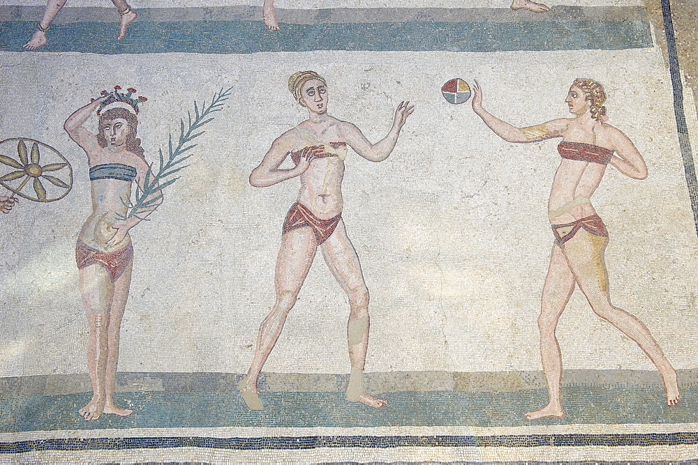 Mosaic of girls in bikinis, Villa Romana del Casale, Piazza Armerina, UNESCO World Heritage Site, Sicily, Italy, Europe 