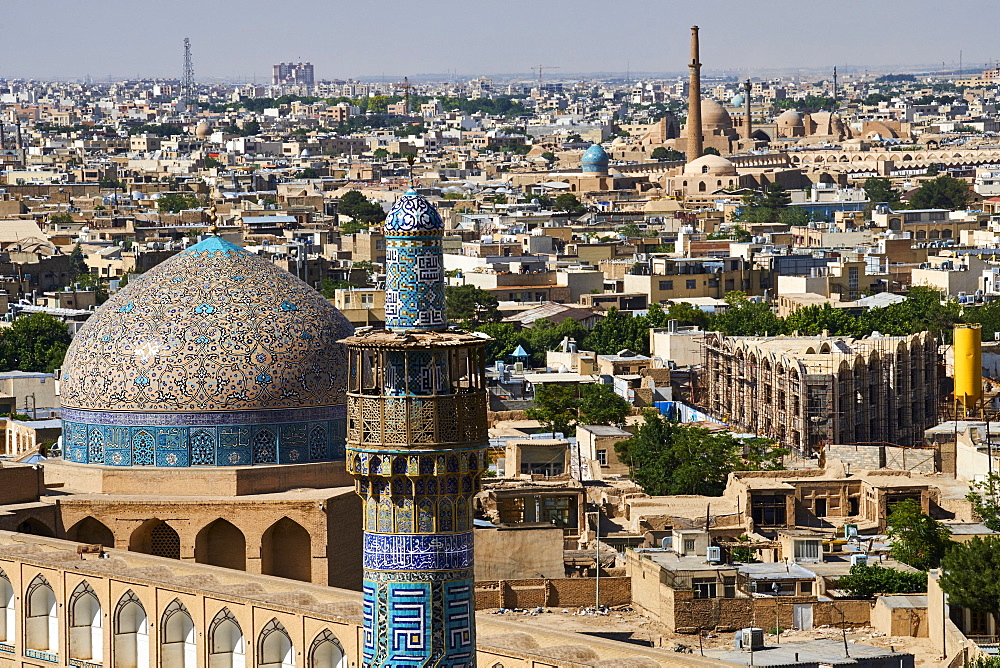 Minaret of the Imam Mosque, Sheikh Lotfollah Mosque, and cityscape, Isfahan, Iran, Middle East