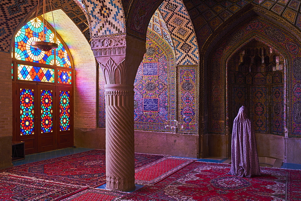 Woman praying, Nasir al Molk Mosque, Shiraz, Fars Province, Iran, Middle East