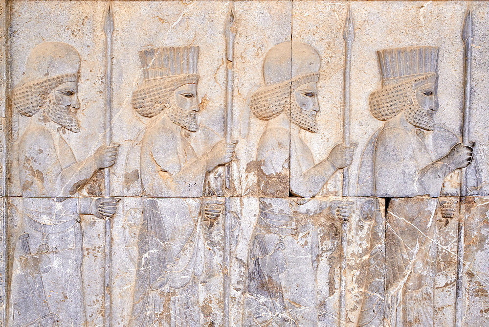 Relief of the warriors, staircases of Apadana, Persepolis, UNESCO World Heritage Site, Fars Province, Iran, Middle East