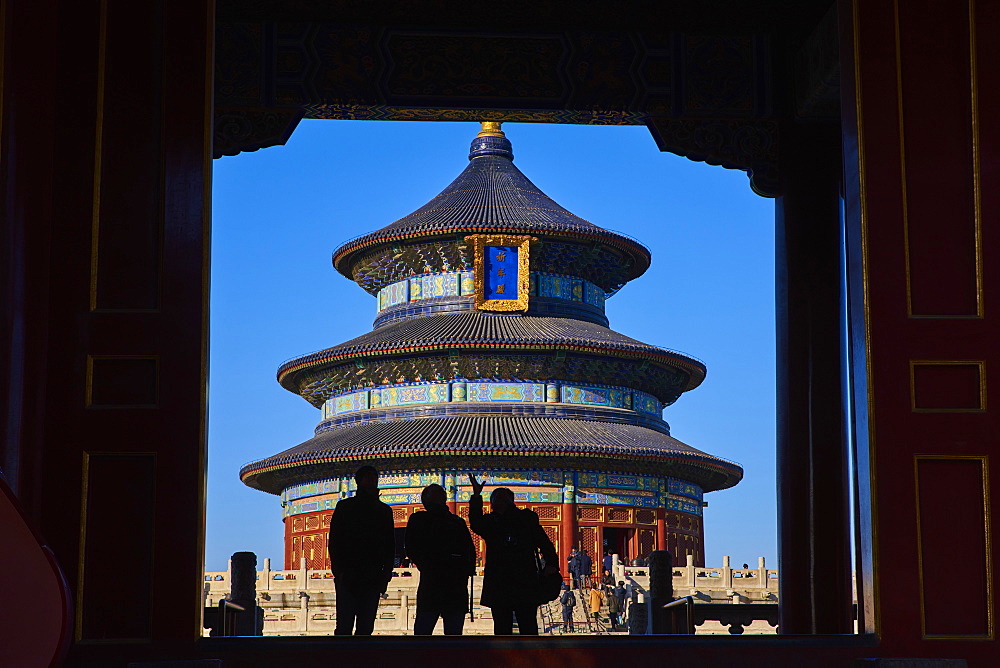 Tourists in silhouette at the Temple of Heaven, Unesco world heritage, Dongcheng, Beijing, China