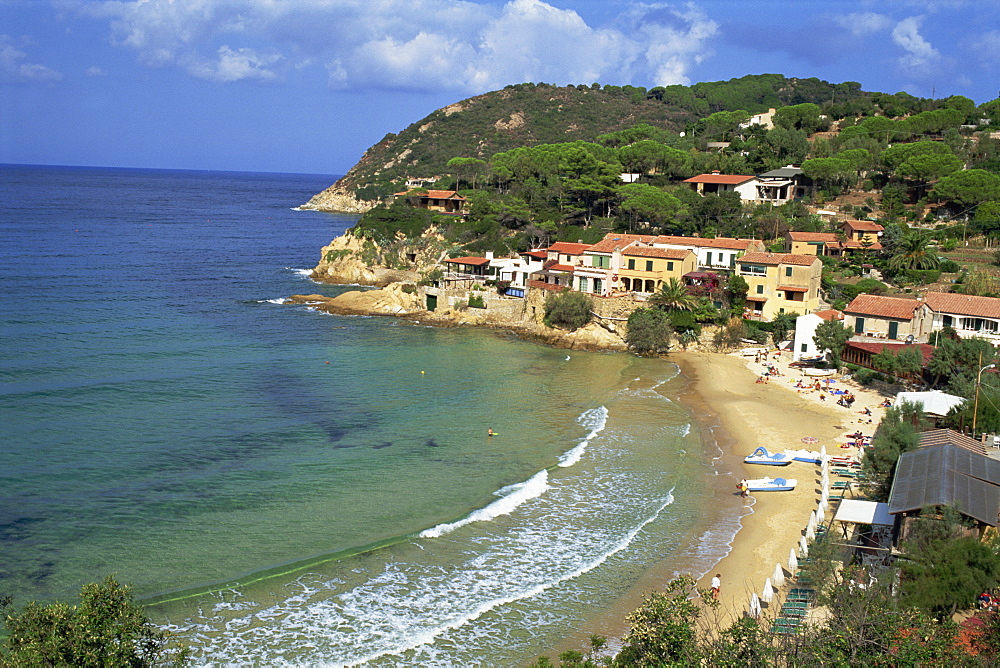 View over bay and Biodola Beach, island of Elba, Livorno Province, Tuscany, Italy, Europe