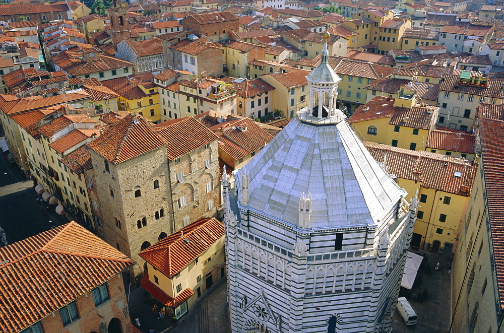 Aerial view of San Giovanni Baptistry, Piazza del Duomo, Pistoia, Tuscany, Italy 