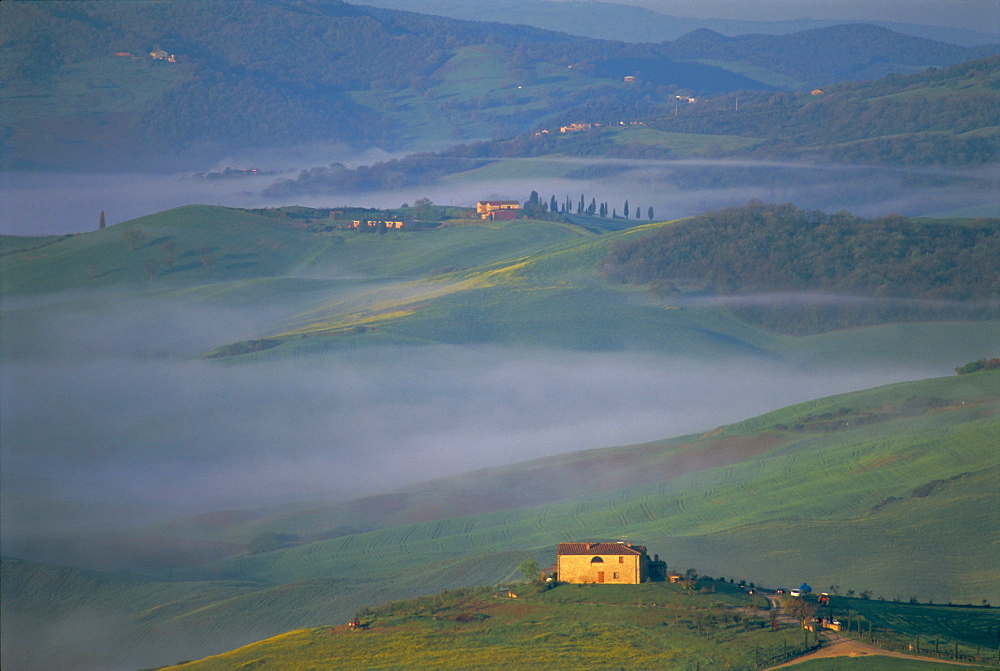 Misty landscape around Pienza, Province of Siena, Tuscany, Italy, Europe