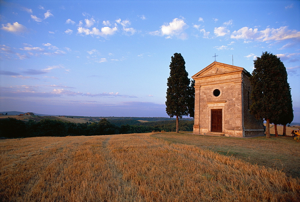 Sienna Province, Chapel and cypress, Tuscany, Italy 