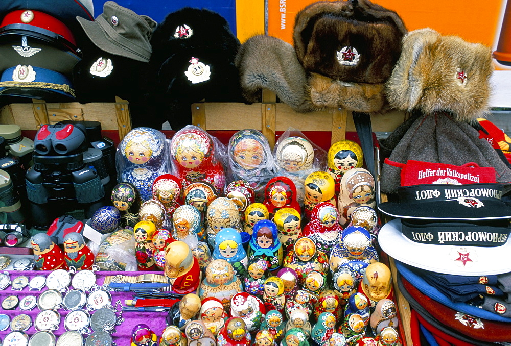 Stall selling souvenirs, Checkpoint Charlie, Berlin, Germany, Europe