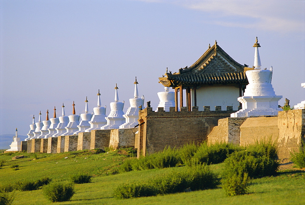 Exterior wall with 108 stupas at Erdene Zuu Monastery, Kharkhorin, Karakorum, Ovorkhangai, Mongolia