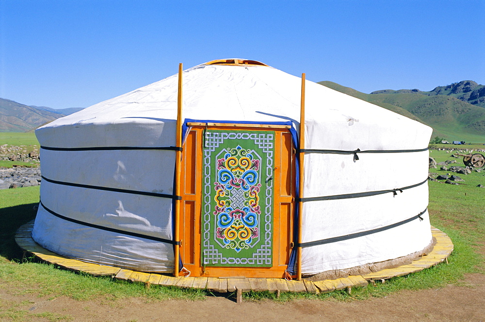 Decorative door on yurt, nomadic settlement, Orkhon Valley, Ovorkhangai, Mongolia, Asia 