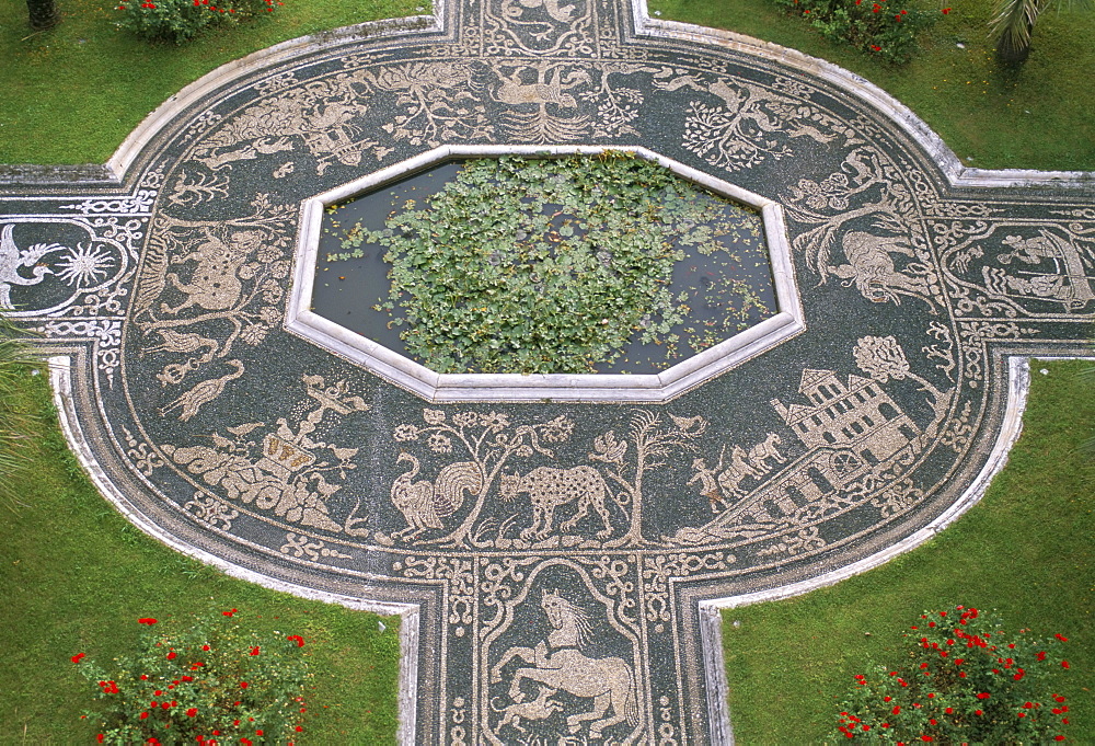 Aerial view of mosaic pavement around pond, Palazzo Reale (Royal Palace), Genoa (Genova), Liguria, Italy, Europe