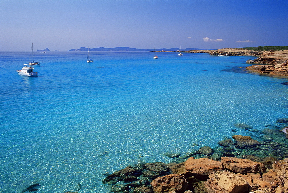 Clear waters of Cala Saura, Formentera, Balearic Islands, Spain, Mediterranean, Europe