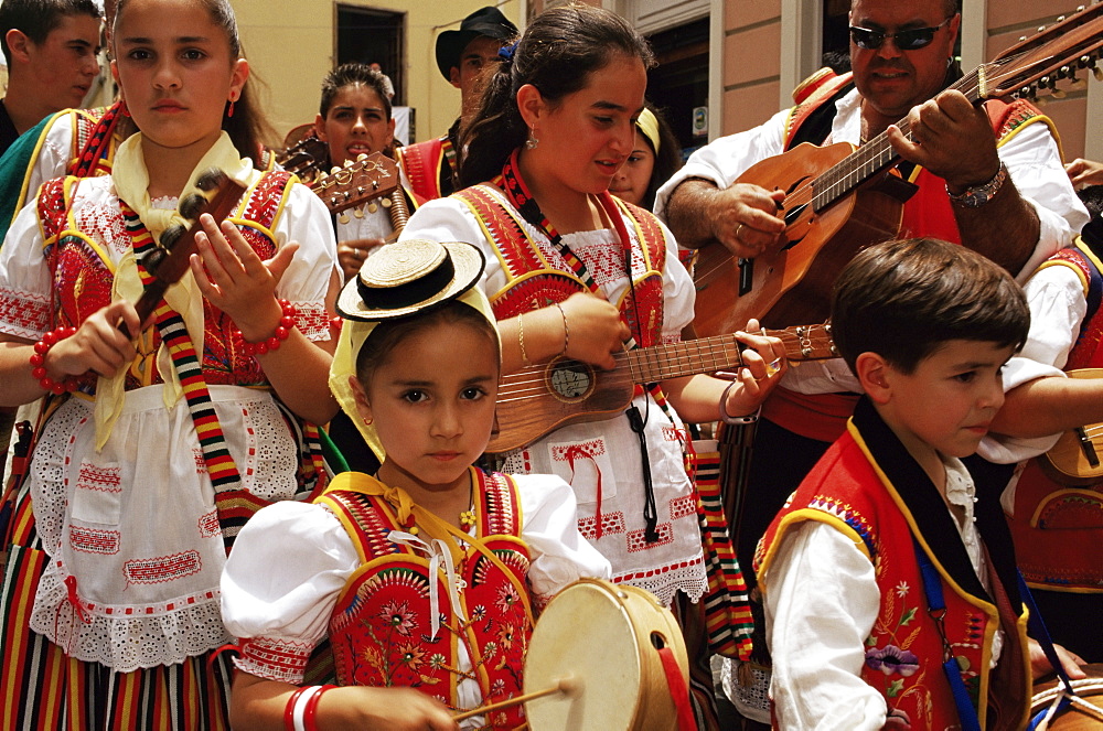 People wearing traditional dress and singing during Corpus Christi celebration, La Orotava, Tenerife, Canary Islands, Spain, Atlantic, Europe