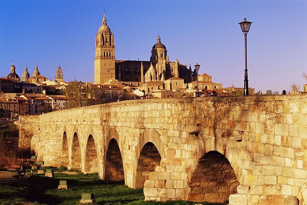 The Roman bridge and city from the Tormes River, Salamanca, Castilla Leon, Spain, Europe