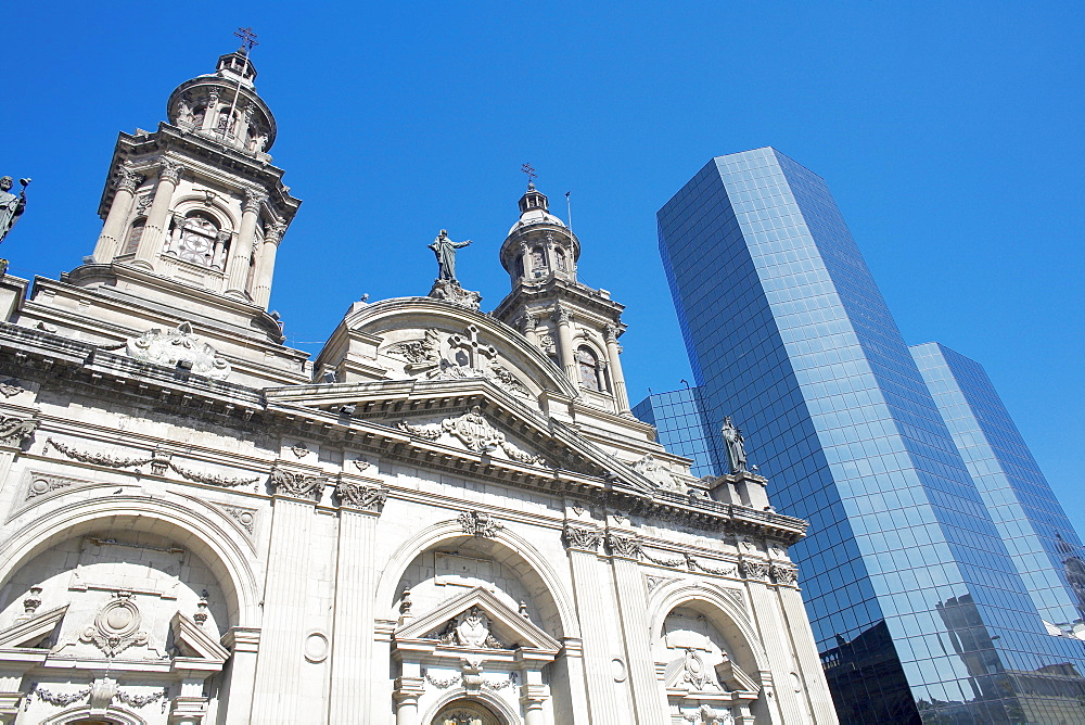 Metropolitan Cathedral and downtown modern building, Plaza de Armas, Santiago de Chile, Chile, South America